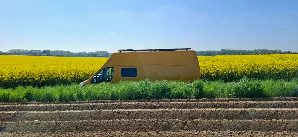 Off-grid roadtrip inspiratie met camper langs gele velden