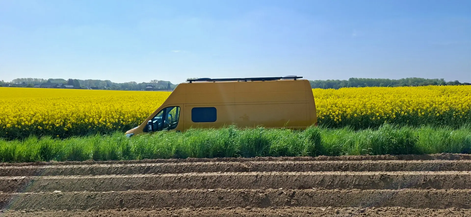 Off-grid roadtrip inspiratie met camper langs gele velden